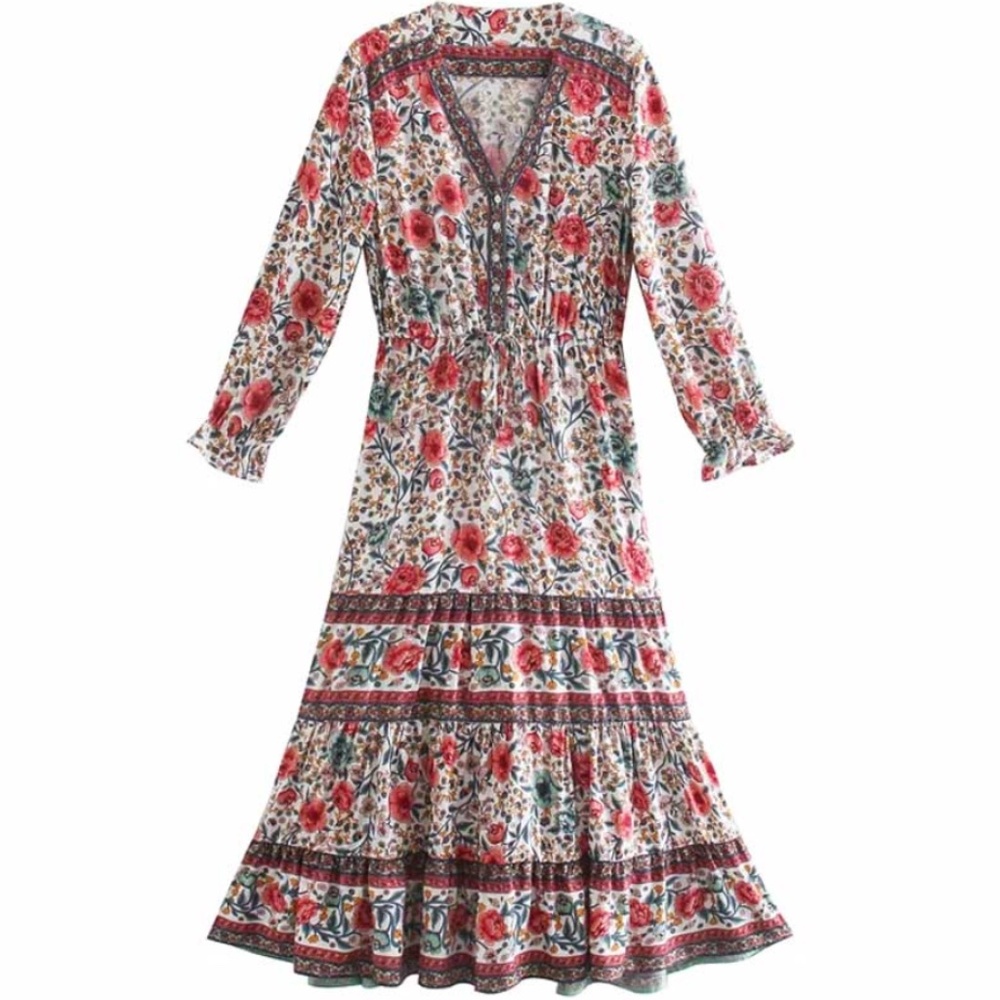 3/4 sleeve floral print red ruffle v neck dress - Picture 3 of 5